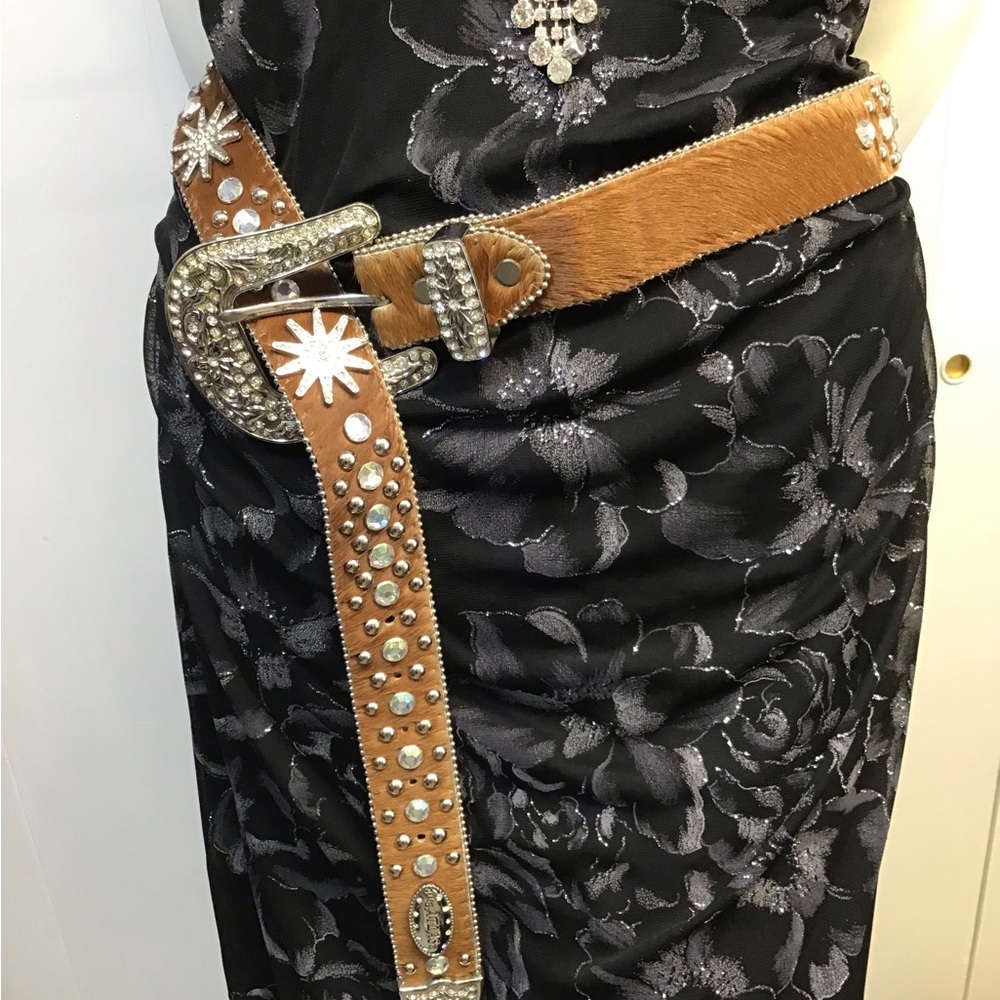 Fur Rhinestone Studded Brown Leather Western Belt Crystal Buckle Rodeo bling